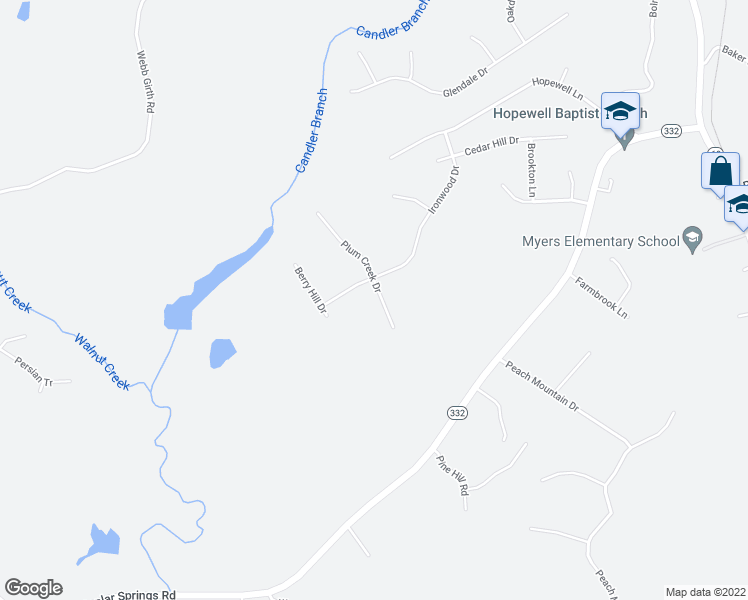 map of restaurants, bars, coffee shops, grocery stores, and more near 7260 Plum Creek Drive in Gainesville