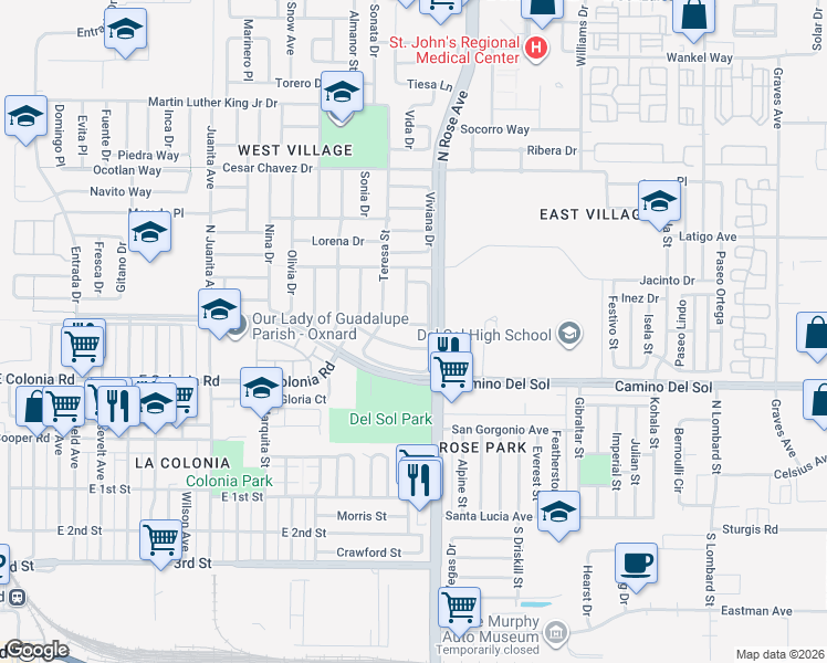 map of restaurants, bars, coffee shops, grocery stores, and more near 1724 Hilaria Street in Oxnard