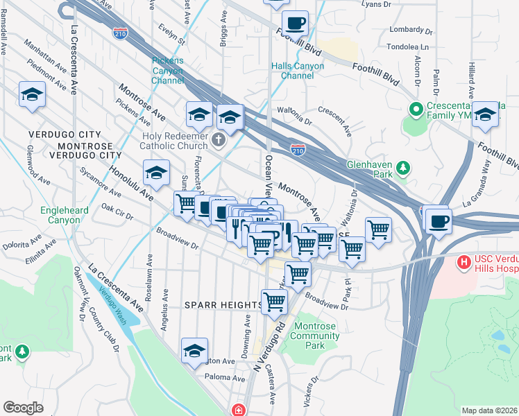map of restaurants, bars, coffee shops, grocery stores, and more near 2306 Miravista Avenue in La Crescenta-Montrose