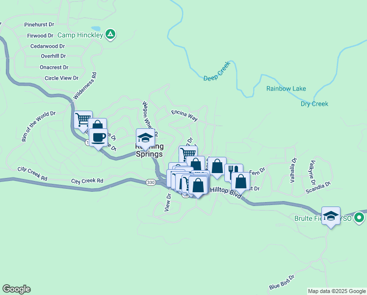 map of restaurants, bars, coffee shops, grocery stores, and more near 2524 Spring Drive in Running Springs