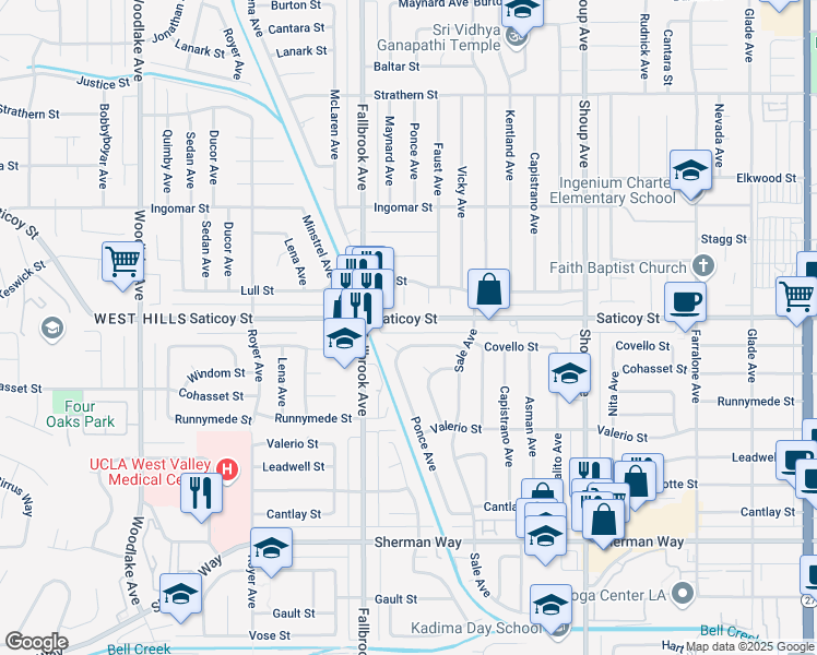 map of restaurants, bars, coffee shops, grocery stores, and more near 22710 Saticoy Street in Los Angeles