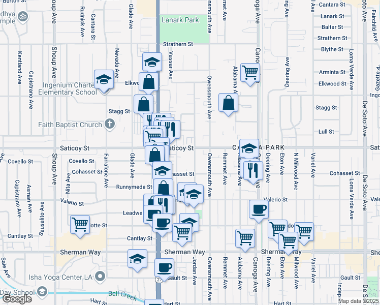 map of restaurants, bars, coffee shops, grocery stores, and more near 7551 Jordan Avenue in Los Angeles