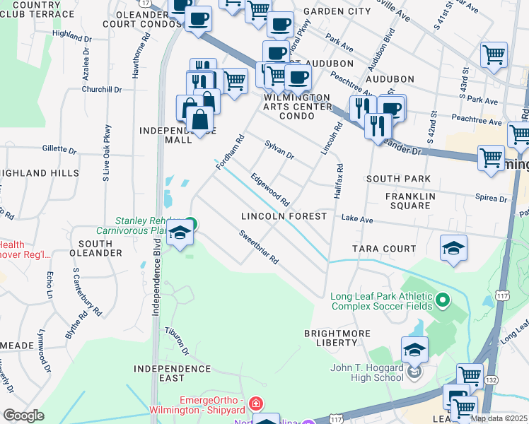 map of restaurants, bars, coffee shops, grocery stores, and more near 3845 Gillette Drive in Wilmington