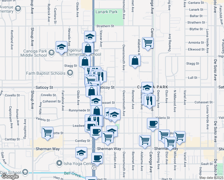 map of restaurants, bars, coffee shops, grocery stores, and more near 7551 Jordan Avenue in Los Angeles