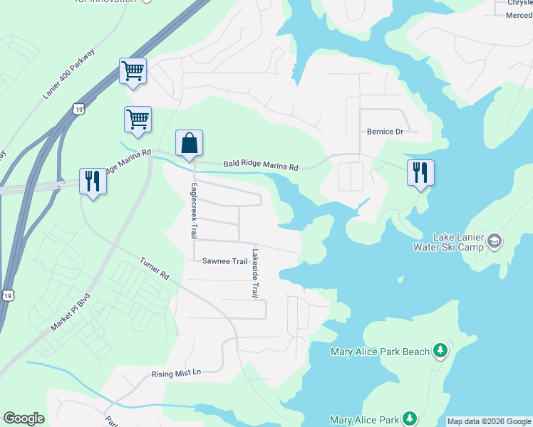map of restaurants, bars, coffee shops, grocery stores, and more near 1695 Lakeside Trail in Cumming