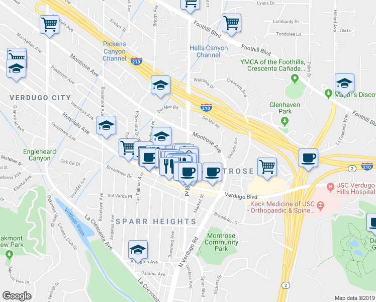 map of restaurants, bars, coffee shops, grocery stores, and more near Ocean View Boulevard & Mira Vista Avenue in La Crescenta-Montrose