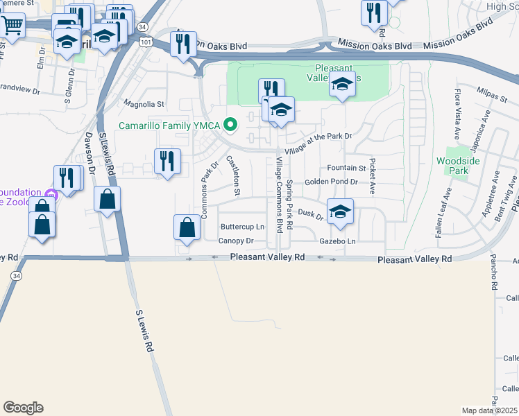 map of restaurants, bars, coffee shops, grocery stores, and more near 3261 Penzance Avenue in Camarillo