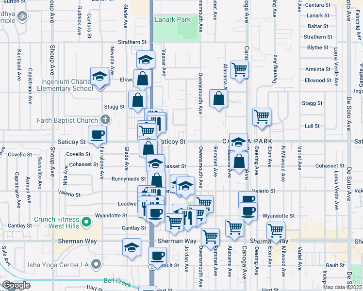 map of restaurants, bars, coffee shops, grocery stores, and more near 7551 Jordan Avenue in Los Angeles