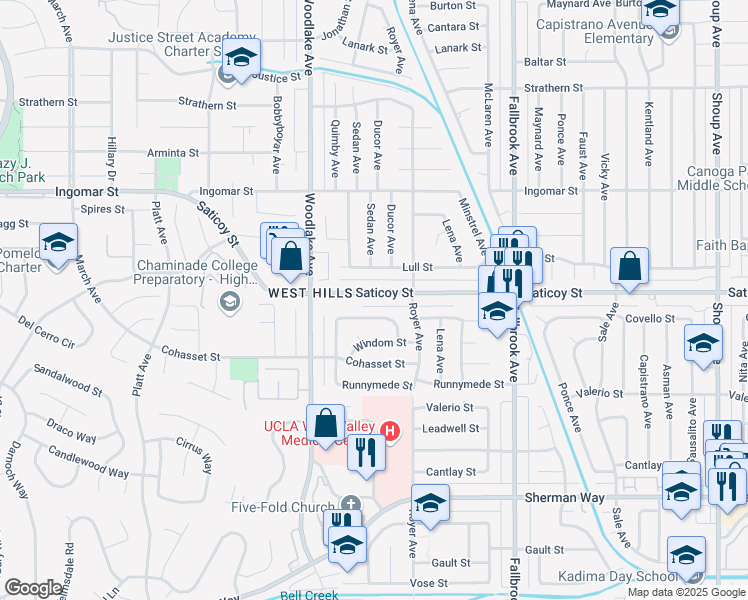map of restaurants, bars, coffee shops, grocery stores, and more near 23046 Saticoy Street in Los Angeles