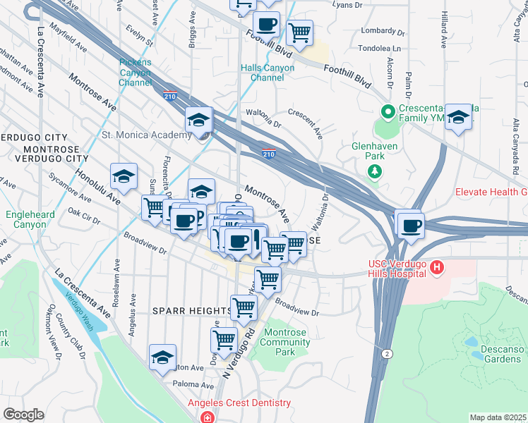 map of restaurants, bars, coffee shops, grocery stores, and more near 2225 Miravista Avenue in La Crescenta-Montrose