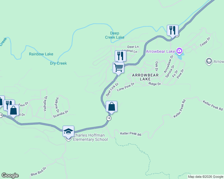 map of restaurants, bars, coffee shops, grocery stores, and more near 32825 Lone Pine Drive in Running Springs