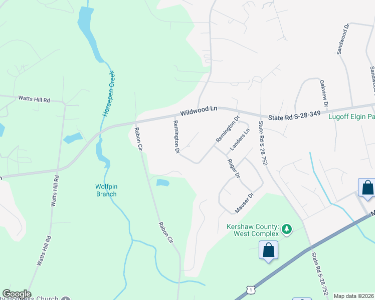 map of restaurants, bars, coffee shops, grocery stores, and more near 43 Remington Drive in Lugoff