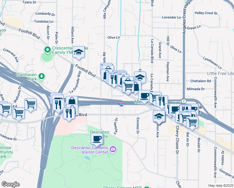 map of restaurants, bars, coffee shops, grocery stores, and more near 1417 Curran Street in La Cañada Flintridge