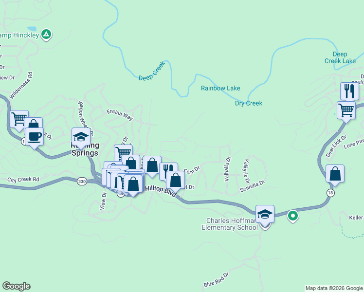 map of restaurants, bars, coffee shops, grocery stores, and more near 32159 Cove Circle in Running Springs