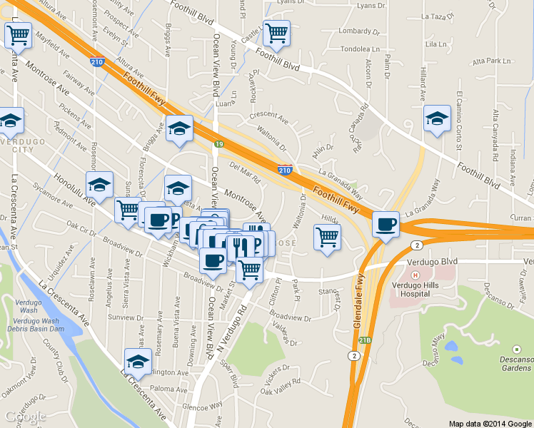 map of restaurants, bars, coffee shops, grocery stores, and more near 2132 Montrose Avenue in La Crescenta-Montrose
