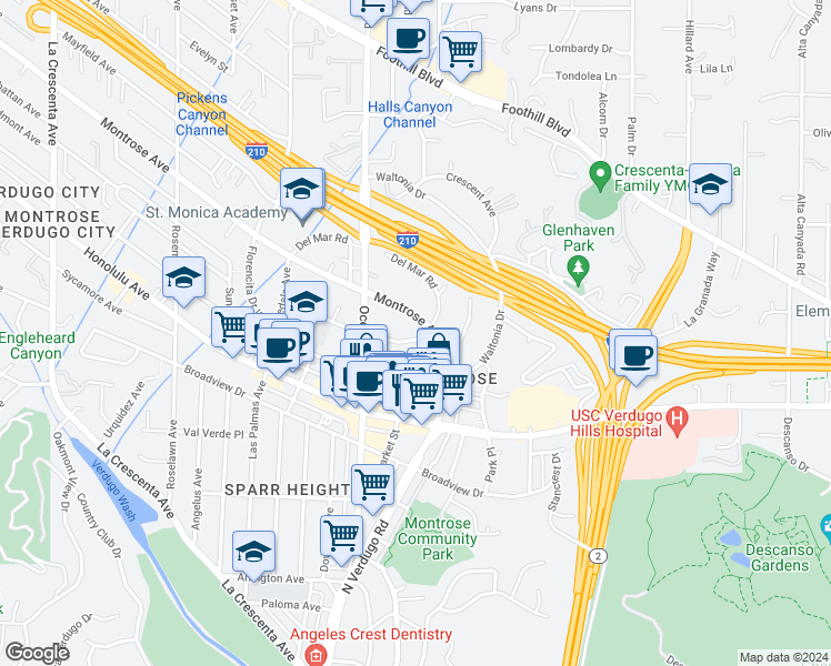 map of restaurants, bars, coffee shops, grocery stores, and more near 2132 Montrose Avenue in La Crescenta-Montrose