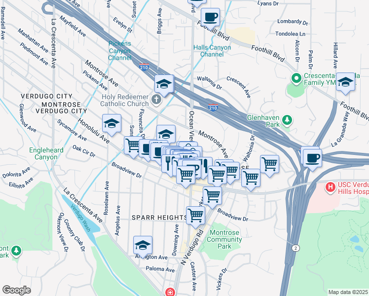 map of restaurants, bars, coffee shops, grocery stores, and more near 2315 Florencita Drive West in La Crescenta-Montrose