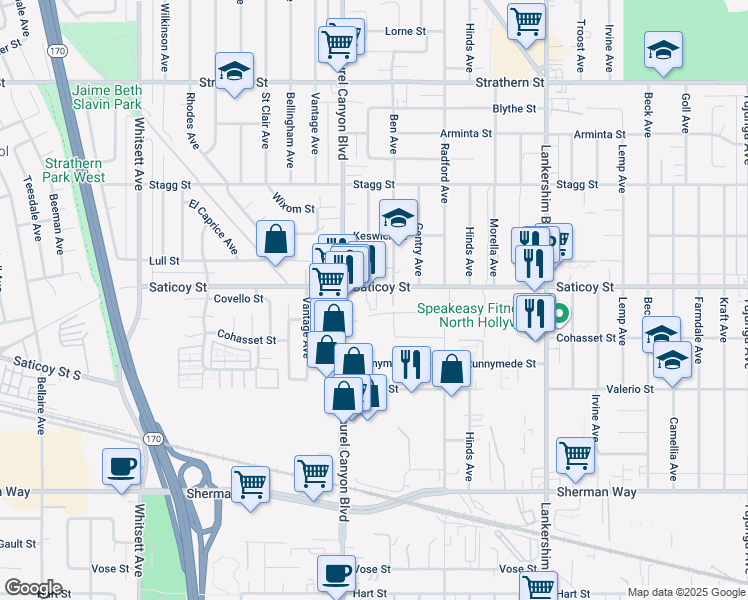 map of restaurants, bars, coffee shops, grocery stores, and more near 7525 Ben Avenue in Los Angeles