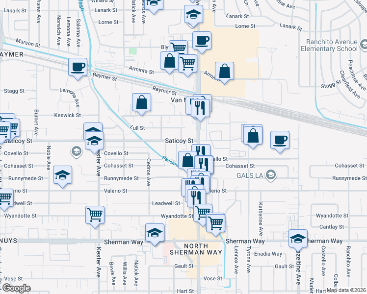 map of restaurants, bars, coffee shops, grocery stores, and more near 7501 Van Nuys Boulevard in Los Angeles