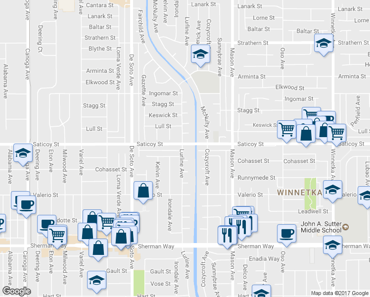 map of restaurants, bars, coffee shops, grocery stores, and more near 7554 Lurline Avenue in Los Angeles