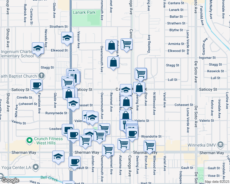 map of restaurants, bars, coffee shops, grocery stores, and more near 7533 Remmet Avenue in Los Angeles