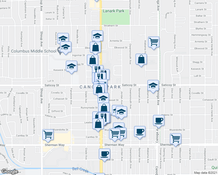 map of restaurants, bars, coffee shops, grocery stores, and more near 7533 Vassar Avenue in Los Angeles