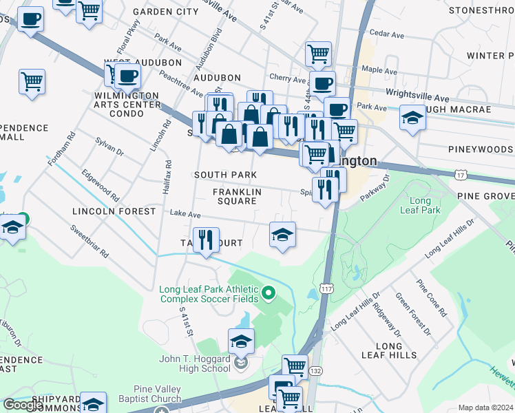 map of restaurants, bars, coffee shops, grocery stores, and more near 4223 Lake Avenue in Wilmington