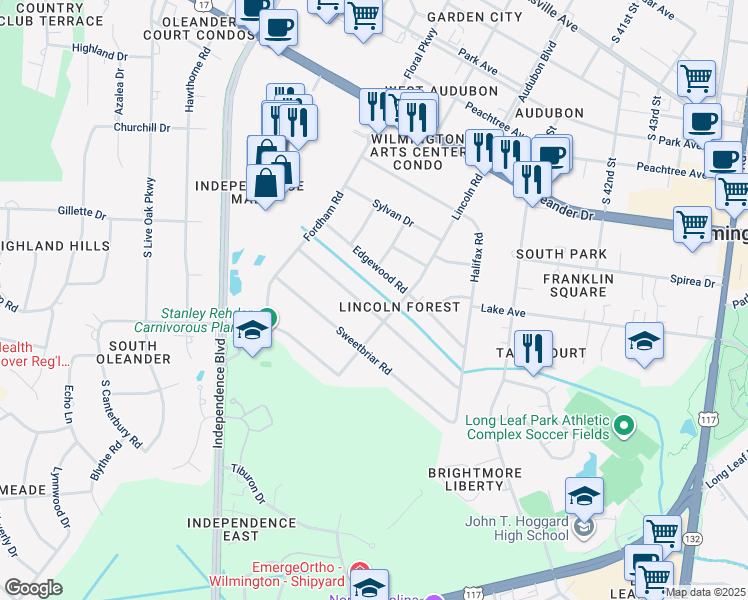 map of restaurants, bars, coffee shops, grocery stores, and more near 3845 Gillette Drive in Wilmington