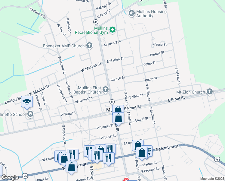 map of restaurants, bars, coffee shops, grocery stores, and more near 114 East James Street in Mullins