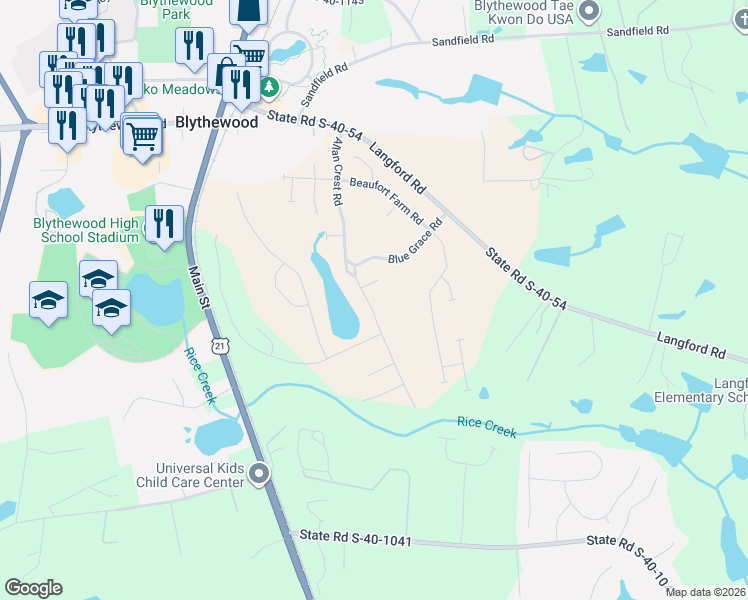 map of restaurants, bars, coffee shops, grocery stores, and more near 317 State Road S-40-54 in Blythewood