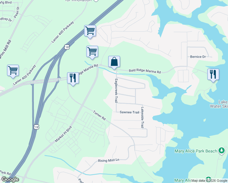 map of restaurants, bars, coffee shops, grocery stores, and more near 1580 Eaglecreek Trail in Cumming