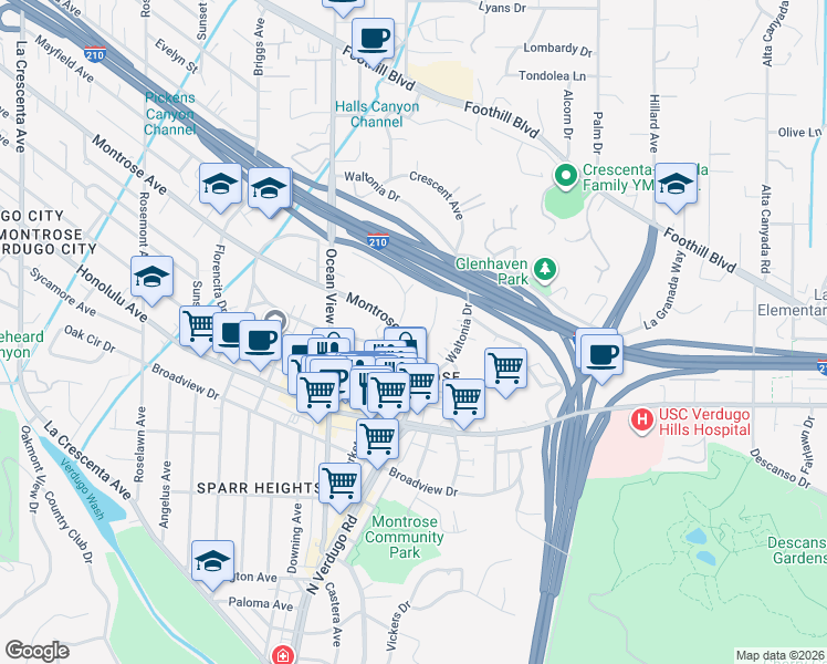 map of restaurants, bars, coffee shops, grocery stores, and more near 2143 Montrose Avenue in La Crescenta-Montrose