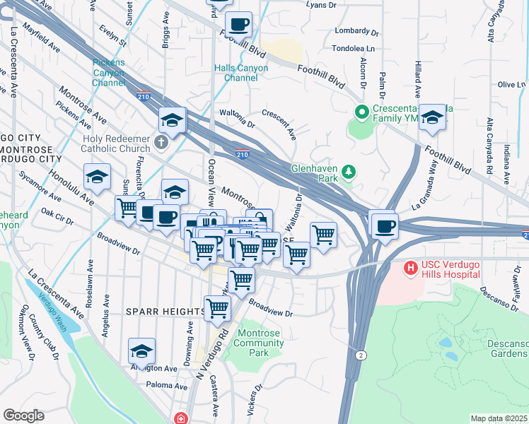 map of restaurants, bars, coffee shops, grocery stores, and more near 2143 Montrose Avenue in La Crescenta-Montrose