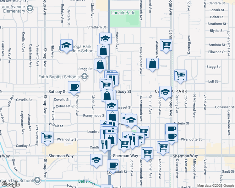 map of restaurants, bars, coffee shops, grocery stores, and more near 7533 Vassar Avenue in Los Angeles