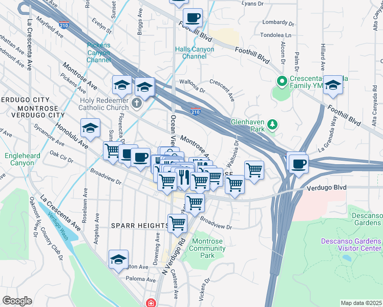 map of restaurants, bars, coffee shops, grocery stores, and more near 2225 Miravista Avenue in La Crescenta-Montrose