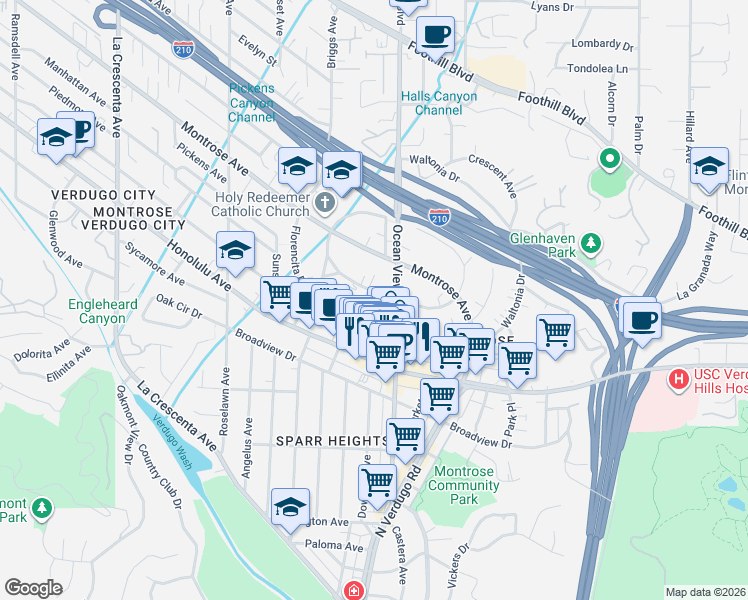 map of restaurants, bars, coffee shops, grocery stores, and more near 2315 Florencita Drive West in La Crescenta-Montrose