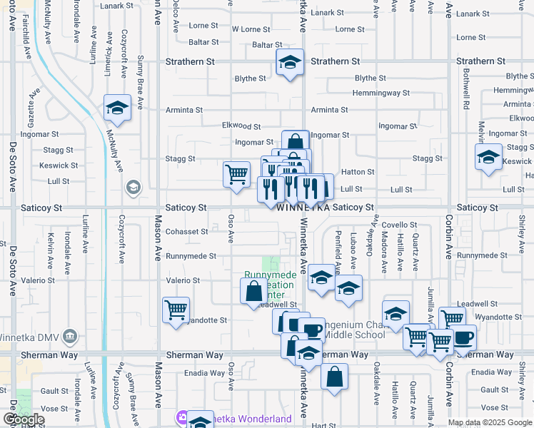 map of restaurants, bars, coffee shops, grocery stores, and more near 20203 Cohasset Street in Los Angeles