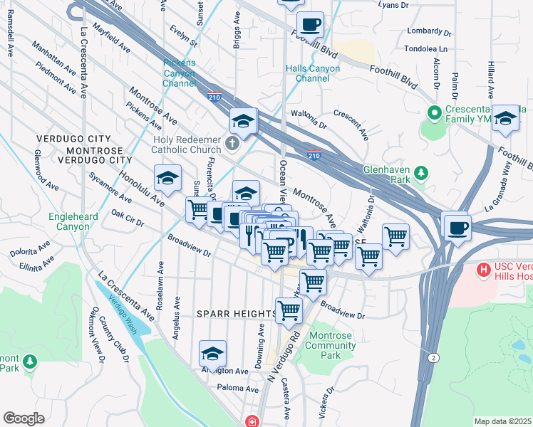 map of restaurants, bars, coffee shops, grocery stores, and more near 2318 Miravista Avenue in La Crescenta-Montrose