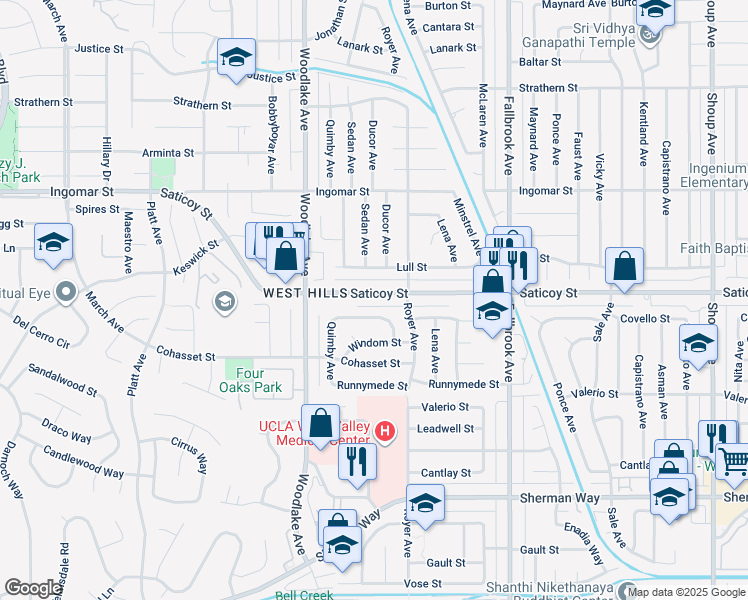 map of restaurants, bars, coffee shops, grocery stores, and more near 23040 Saticoy Street in Los Angeles