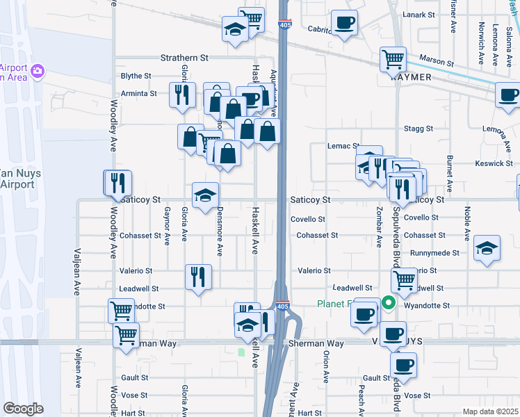 map of restaurants, bars, coffee shops, grocery stores, and more near 7540 Haskell Avenue in Los Angeles