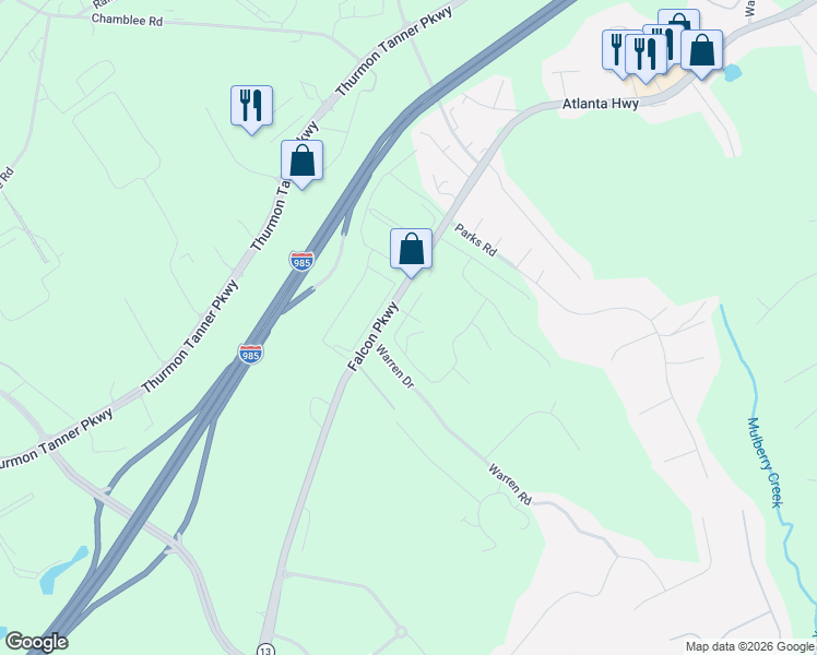 map of restaurants, bars, coffee shops, grocery stores, and more near 3907 Falcon Parkway in Flowery Branch