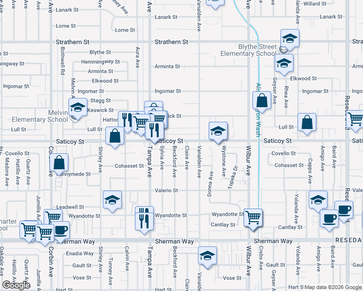 map of restaurants, bars, coffee shops, grocery stores, and more near 19148 Saticoy Street in Los Angeles