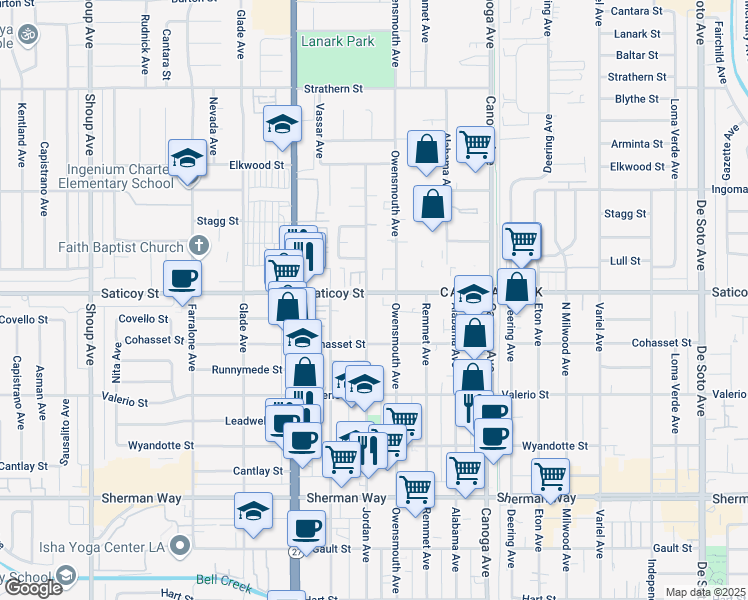 map of restaurants, bars, coffee shops, grocery stores, and more near 7550 Jordan Avenue in Los Angeles