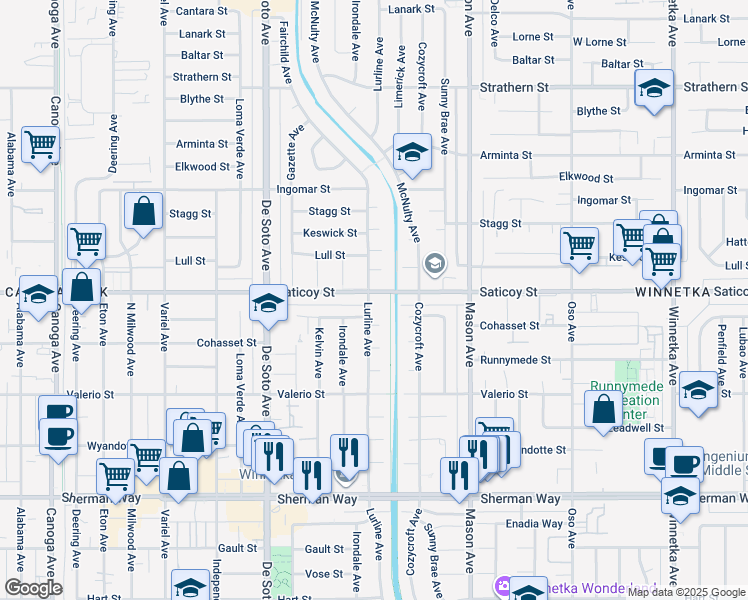 map of restaurants, bars, coffee shops, grocery stores, and more near 7554 Lurline Avenue in Los Angeles