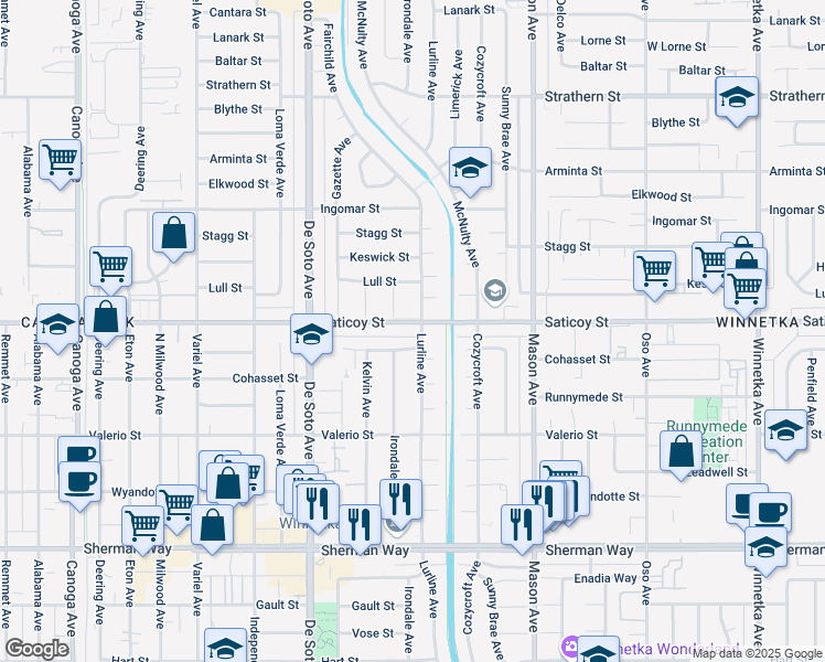 map of restaurants, bars, coffee shops, grocery stores, and more near 20708 Saticoy Street in Los Angeles