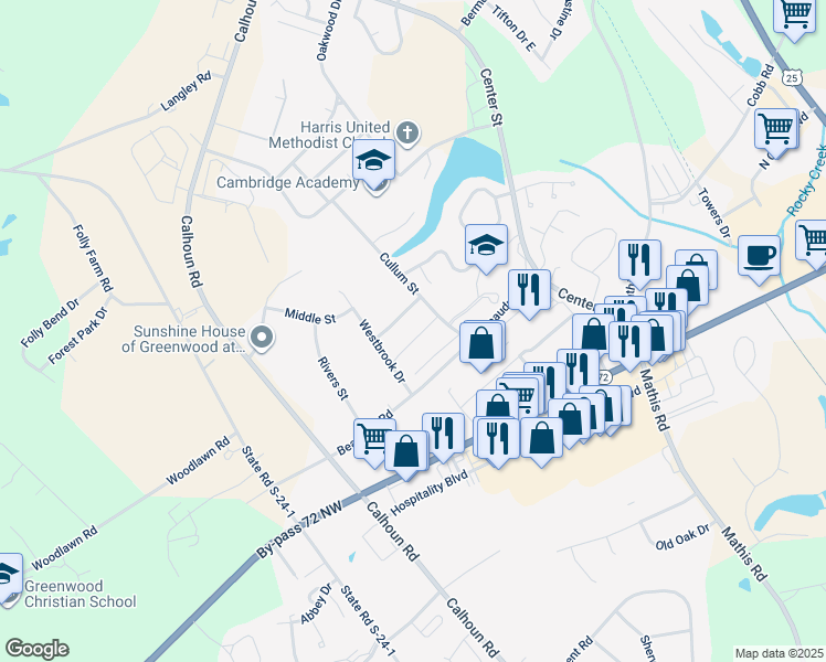 map of restaurants, bars, coffee shops, grocery stores, and more near 120 Leslie Drive in Greenwood