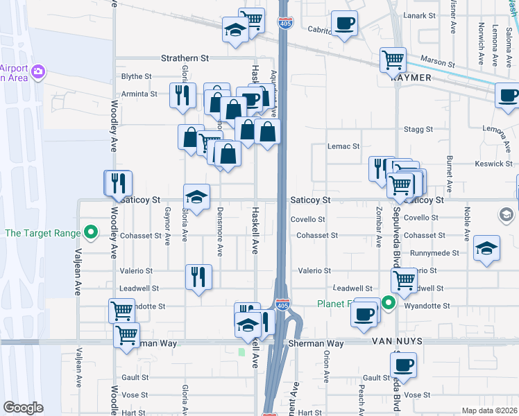 map of restaurants, bars, coffee shops, grocery stores, and more near 7540 Haskell Avenue in Van Nuys