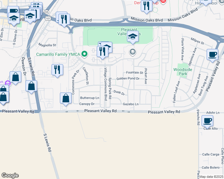map of restaurants, bars, coffee shops, grocery stores, and more near 3508 Dusk Drive in Camarillo