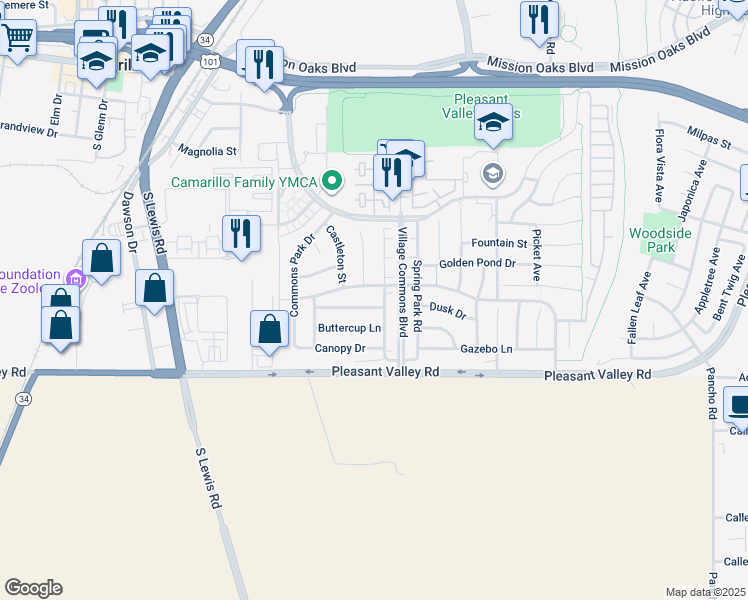 map of restaurants, bars, coffee shops, grocery stores, and more near 3261 Penzance Avenue in Camarillo