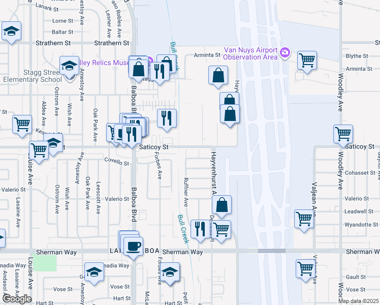 map of restaurants, bars, coffee shops, grocery stores, and more near 7550 Ruffner Avenue in Los Angeles